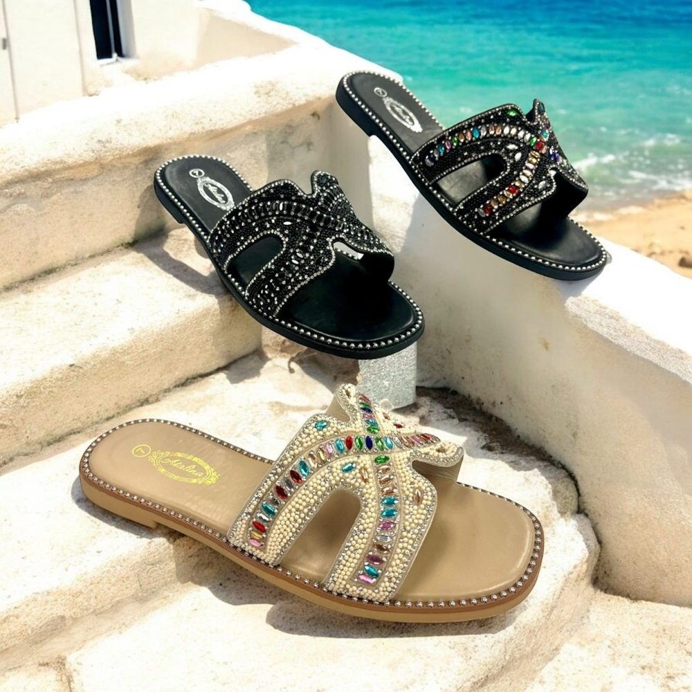 New! 2026 BEACHY Black Multicolor Elegant Beaded Women's Flat Sandals